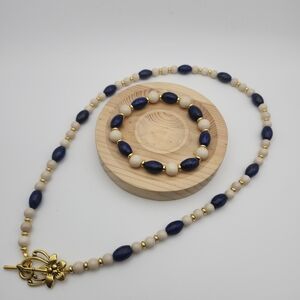 Elegant Blue and Gold Beaded Necklace and Bracelet Set